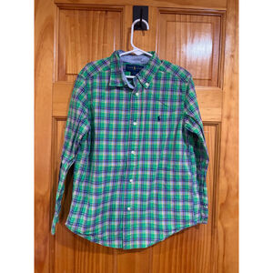 Polo Ralph Lauren Boys Green Plaid Button Down Shirt Size 7 Cotton Preppy